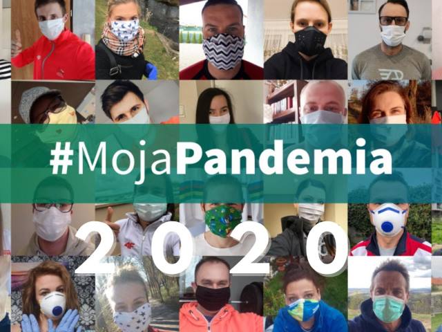 kolaż ze zdjęć sportowców w maskach na środku napis #mojapandemia 2020