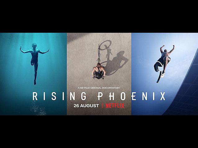 Plakat filmu Rising Phoenix. Na trzech zdjęciach: pływaczka bez nogi, sprinterka na wózku i męczyzna z protezą skaczący w dal