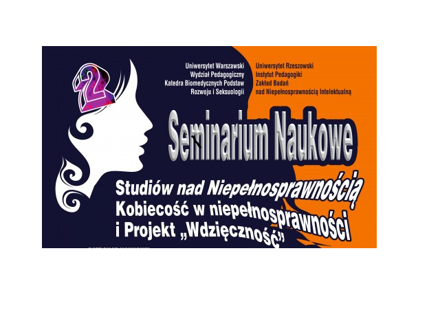 plakat po lewej rysunek kobiecej głowy napis seminarium naukowe studiów nad niepełnosprawnością kobiecość w niepełnosprawności i projekt wdzięczność kolorystyka granatowo pomarańczowa