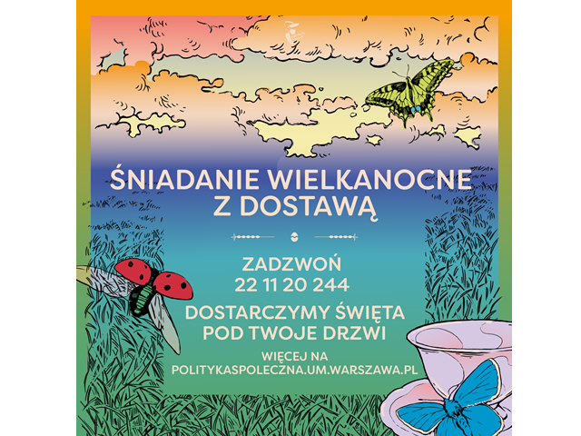 plakat wiosenne kolory niebo kolorowe motyl biedronka i napis śniadanie wielkanocne z dostawą zadzwoń 22112044