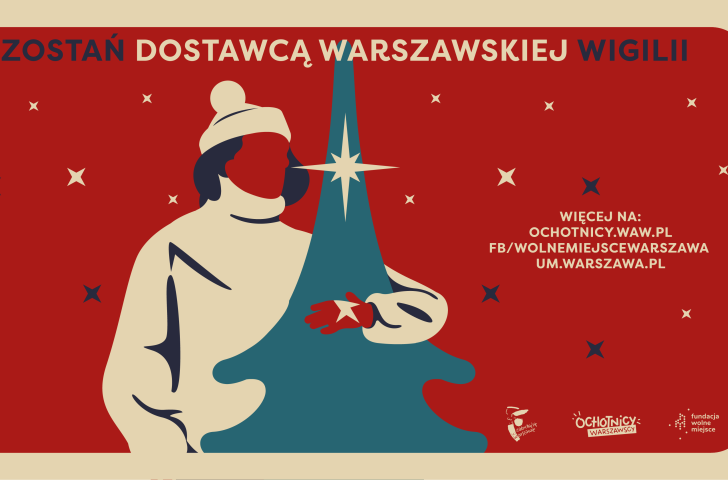 plakat na czerwonym tle ludzka sylwetka z choinką na górze napis zostań dostawcą warszawskiej wigilii