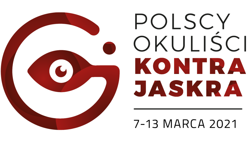 logo czerwony rysunek oka po prawej napis polscy okuliści kontra jaskra 7-13 marca 2021