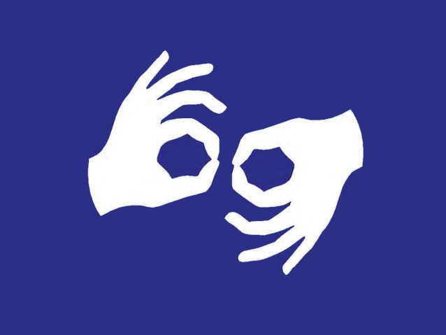 Symbol dwóch białych dłoni na niebieskim tle jako oznaczenie tłumaczenia języka migowego