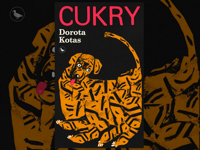 okładka książki Cukry - na czarnym tle znajduje się grafika psa-tygrysa