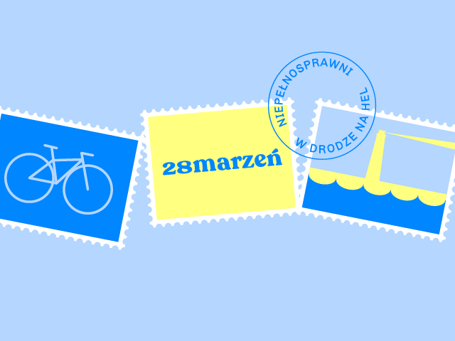 trzy znaczki pocztowe, grafika z symbolem roweru, latarni i napisem 28 marzeń. Nad znaczkami napis Niepełnosprawni w drodze na Hel