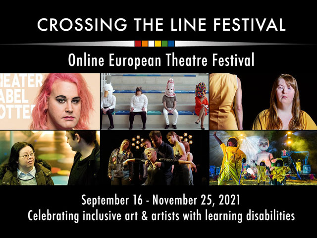 Napis Crossing the line festival. Sześć kadrów z filmów, m.in. z dwiema osobami z zespołem Downa