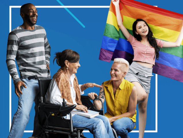 na zdjęciu cztery osoby: czarnoskórny mężczyzna, kobieta w średnim wieku na wózku, kobieta w irokezie i tatuażem na ramieniu, młoda Azjatka trzymająca flagę symbolizującą osoby LGBT