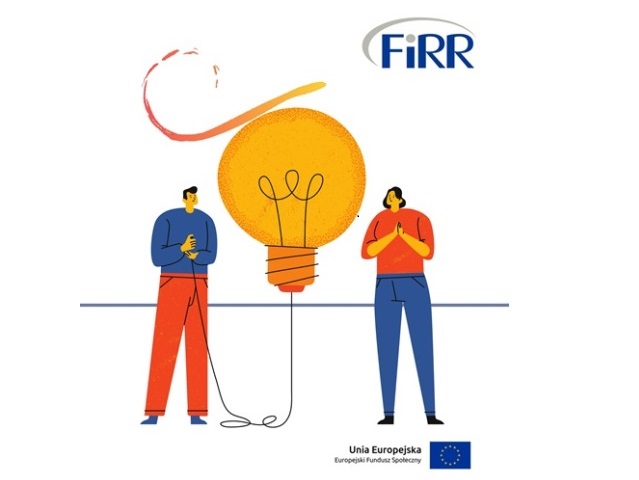 rysunek kobiety i mężczyzny który trzyma sznurek podłączony do żarówki między nimi logo firr i UE