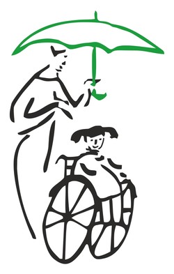 Logo Stowarzyszenia Żurawinka. Przedstawia dziewczynkę na wózku, za którą stoi opiekunka z parasolem nad nimi
