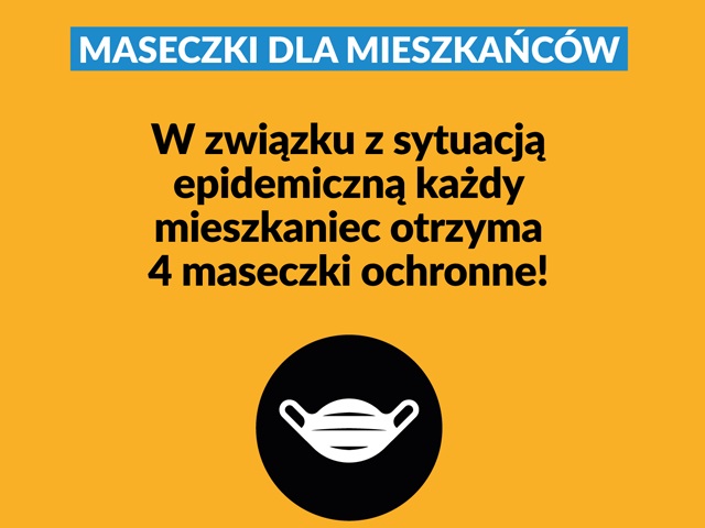 grafika informująca o przekazywaniu przez miasto st. Warszawa po 4 maseczki ochronne na mieszkańca
