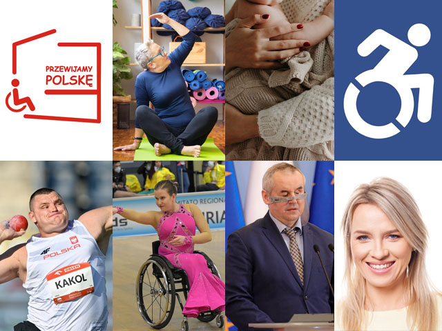 osiem zdjęć: napis Przewijamy Polskę, starsza kobieta ćwiczy jogę, matka trzyma niewolę w ramionach, logo osoby z niepełnosprawnością, kulomiot Kąkol, tancerka na wózku, minister Wdówik, dr Justyna Jessa