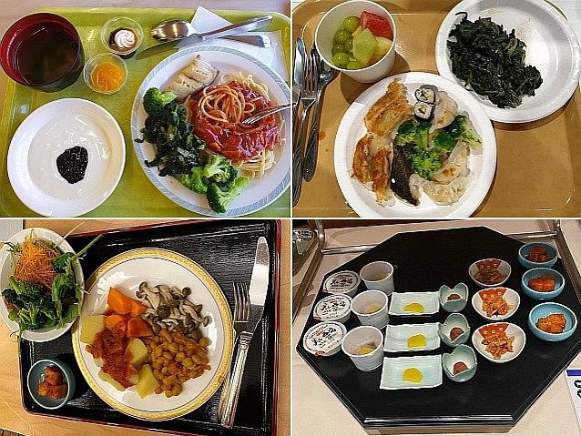 Cztery zdjęcie tac z różnego rodzaju jedzeniem