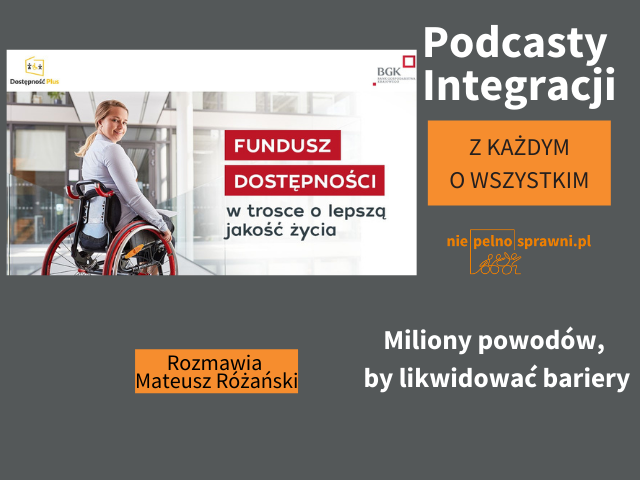 Grafika podcastu na temat Funduszu Dostępności pt. Miliony powodów, by likwidować bariery. Oprócz tytułu i nazwiska autora znajduje sie na niej zdjęcie młodej kobiety na wózku