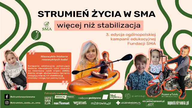 Zdjęcie przedstawia osoby chorujące na SMA oraz logotypy partnerów akcji