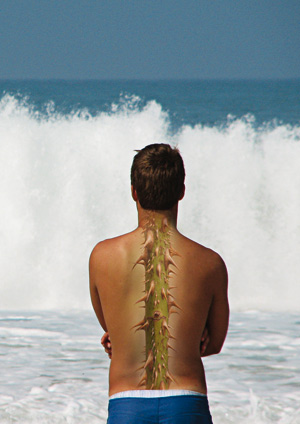 Fot.: Ali Taylor, mężczyzna stoi tyłem, patrząc na morze. na jego plecach narysowany jest kaktus jako ból kręgosłupa